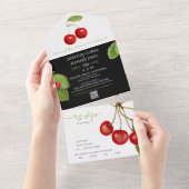 赤スタイリッシュ白ブラックさくらんぼフルーツQR結婚ズ オールインワン招待状 (貼ってはがせる)