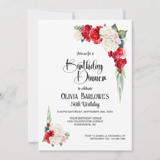 赤スタイリッシュ白ローズフローラ誕生日ディナー 招待状 (正面)