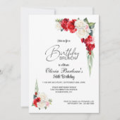 赤スタイリッシュ白ローズフローラ誕生日ブランチ 招待状 (正面)