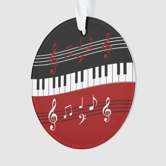 赤スタイリッシュ白黒ピアノの鍵とノート オーナメント (正面)