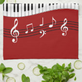 赤スタイリッシュ白黒ピアノの鍵とノート キッチンタオル (折り畳み)