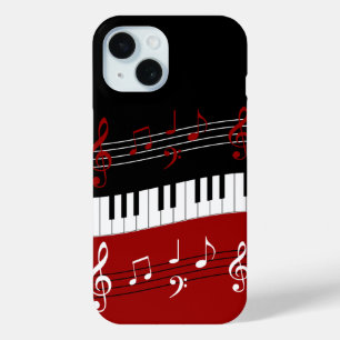 赤スタイリッシュ白黒ピアノの鍵とノート iPhone 15ケース