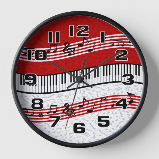 赤スタイリッシュ白黒ピアノ鍵とノートスクアール 壁時計 (正面)