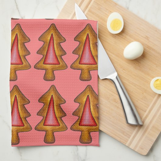 赤ステンドグラスクリスマスツリークッキーホリデー キッチンタオル (四つ折り)