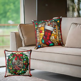 赤ストッキングフェイクステンドグラス クッション