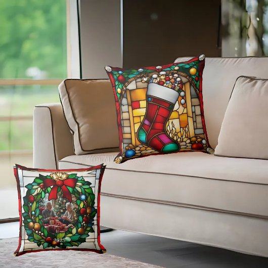 赤ストッキングフェイクステンドグラス クッション