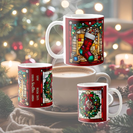 赤ストッキングフェイクステンドグラス コーヒーマグカップ