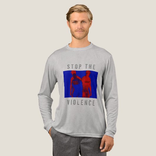 赤ストップ青黒戦争グラフィック「暴力」 トライブレンドTシャツ (正面全体)
