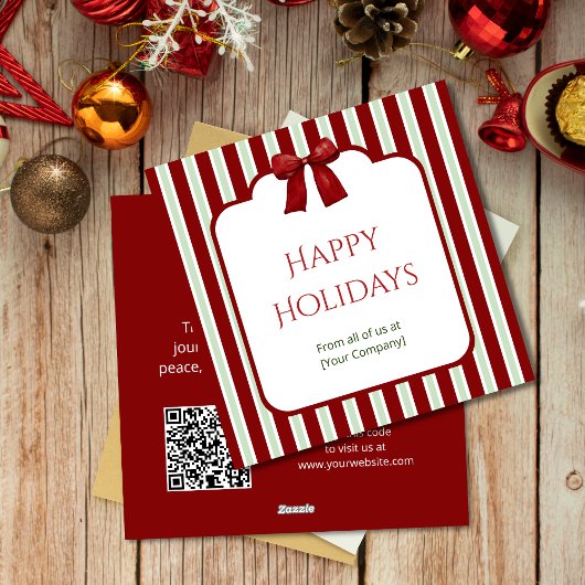 赤ストライプと赤いリボンのカスタム法人グリーティング シーズンカード