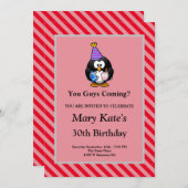 赤ストライプのおもしろい誕生会 招待状 (正面/裏面)