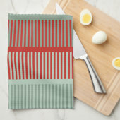 赤ストライプのと緑のパターン キッチンタオル (四つ折り)