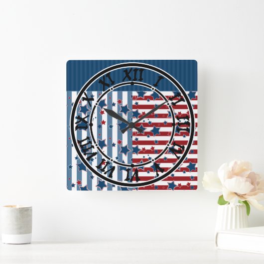 赤ストライプのと青の星模様がpを投げる スクエア壁時計 (ホーム)