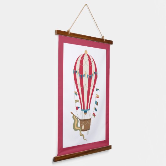 赤ストライプの白スチームパンク熱気球 吊り下げ型タペストリー (傾斜あり)