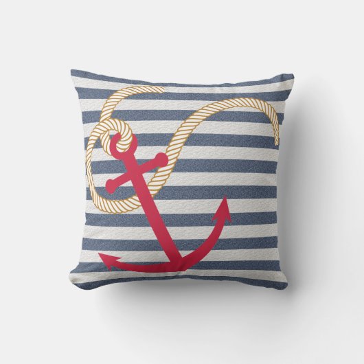 赤ストライプの航海のいかりR付き青い枕 クッション (正面)