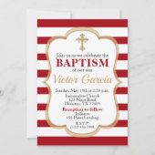 赤ストライプの金ゴールドフェイクグリッター少年または女の子バプテスマ 招待状 (正面)