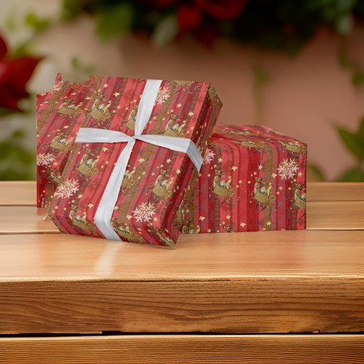 赤ストライプの雪のトレ飛んでいるンダー ラッピングペーパー