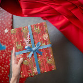 赤ストライプの雪のトレ飛んでいるンダー ラッピングペーパー