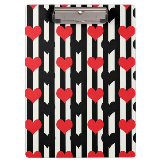 赤ストライプの黒ラブハートパターンデザイン クリップボード (正面)