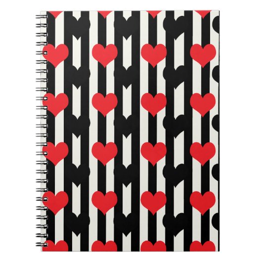 赤ストライプの黒ラブハートパターンデザイン ノートブック (正面)