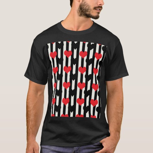赤ストライプの黒ラブハートパターンデザイン Tシャツ (正面)