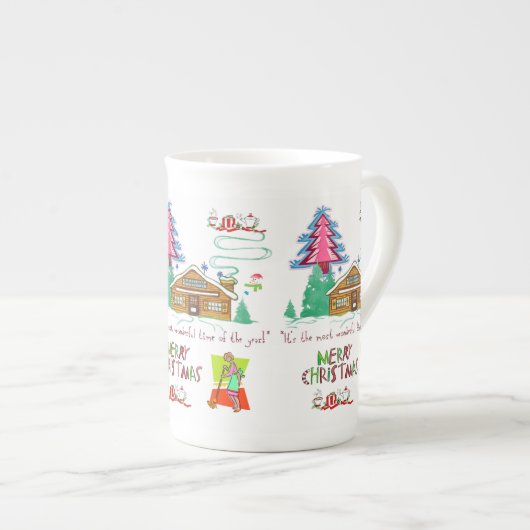 赤ストライプ緑メリークリスマス掃除婦 ボーンチャイナマグカップ (正面右)