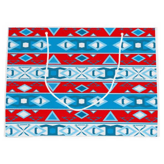 赤ストライプ青の白の幾何学的な形状 ラージペーパーバッグ (正面)