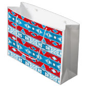赤ストライプ青の白の幾何学的な形状 ラージペーパーバッグ (正面アングル)