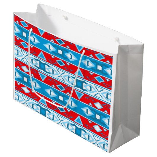 赤ストライプ青の白の幾何学的な形状 ラージペーパーバッグ (正面アングル)