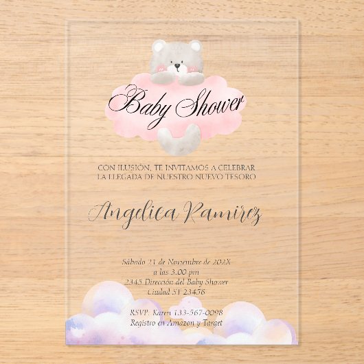 赤スペインのちゃんシャワーベアテーマクラウドギフトレジストリ アクリル招待状 (正面)