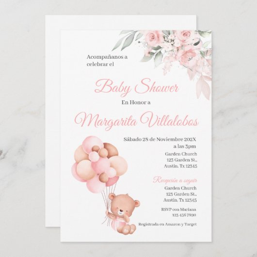 赤スペインのちゃんシャワー招待状ピンクベアーガール 招待状 (正面/裏面)