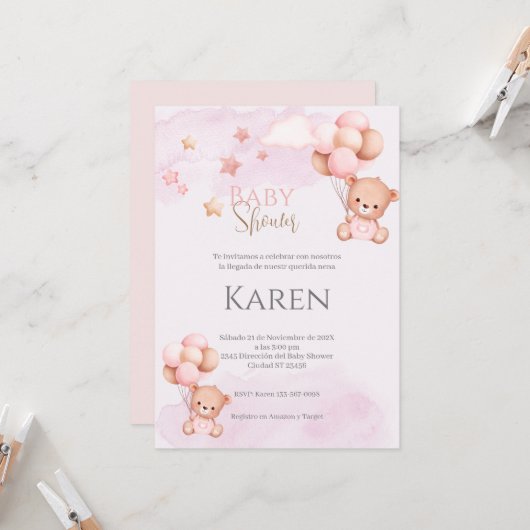 赤スペインのちゃんシャワー招待状ピンクベアーガール 招待状 (正面/裏面インサイチュ)