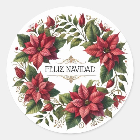 赤スペインのポインセチアFeliz Navidadクリスマス ラウンドシール (正面)