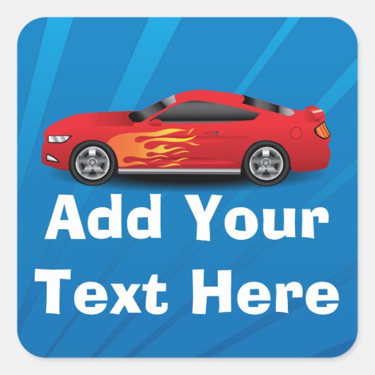 赤スポーツカー炎キッズ少年パーソナライズされた/学校 スクエアシール (正面)