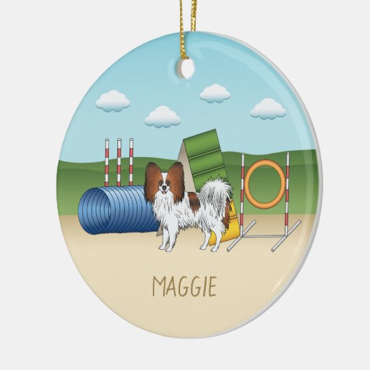赤セーブルパピヨンアジリティドッグ名前をカスタムする セラミックオーナメント (左)