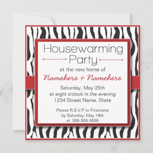 赤ゼブラ印刷引っ越し祝いパーティーパーティの招待状 招待状 (正面)