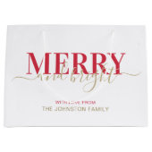  赤タイポグラフィメリーと明るいクリスマス ラージペーパーバッグ (正面)