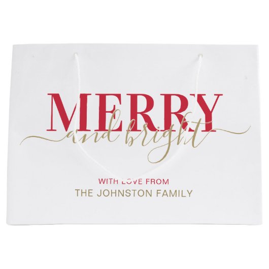  赤タイポグラフィメリーと明るいクリスマス ラージペーパーバッグ (正面)