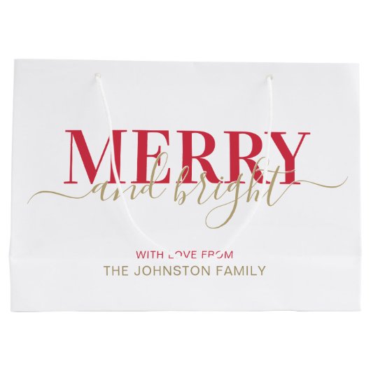  赤タイポグラフィメリーと明るいクリスマス ラージペーパーバッグ (裏面)