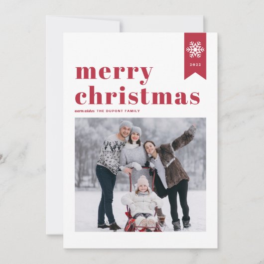 赤タイポグラフィ雪片メリークリスマスフォト シーズンカード (正面)