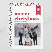 赤タイポグラフィ雪片メリークリスマスフォト シーズンカード (正面/裏面)