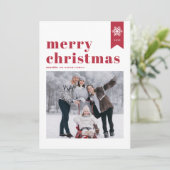 赤タイポグラフィ雪片メリークリスマスフォト シーズンカード (スタンド正面)