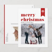 赤タイポグラフィ雪片メリークリスマスフォト シーズンポストカード (正面/裏面)