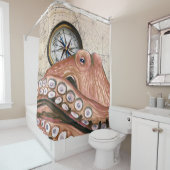 赤タコのコンパスヴィンテージマップベージュ シャワーカーテン (インサイチュ)