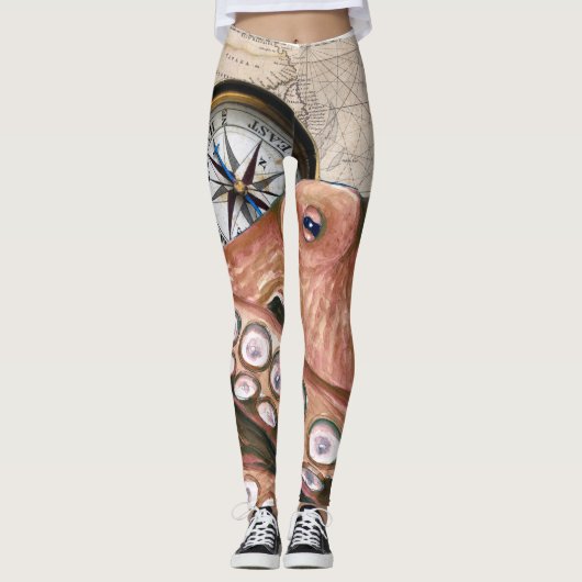 赤タコのコンパスヴィンテージマップベージュ レギンス (正面)