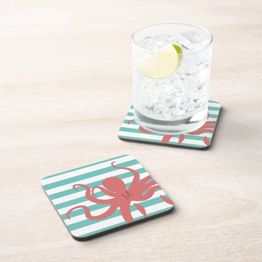 赤タコモダンビーチ白ティール(緑がかった色)ストライプの コースター (右側)