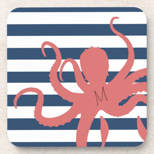 赤タコモダンビーチ白ネイビーブルーストライプの コースター (正面)