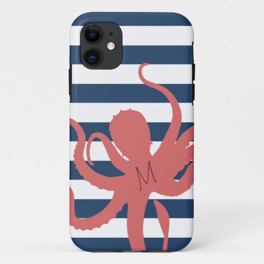 赤タコモダンビーチ白ネイビーブルーストライプの Case-Mate iPhoneケース (裏面)