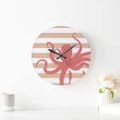 赤タコモダンビーチ白砂ストライプの ラージ壁時計 (ホーム)