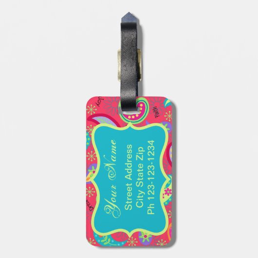 赤ターコイズモダンペイズリーパターンモノグラム ラゲッジタグ (裏面縦)