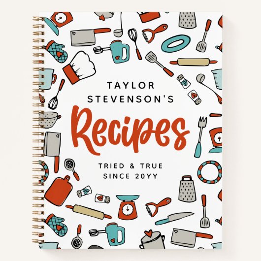 赤ターコイズ手描き料理レシピ ノートブック (正面)